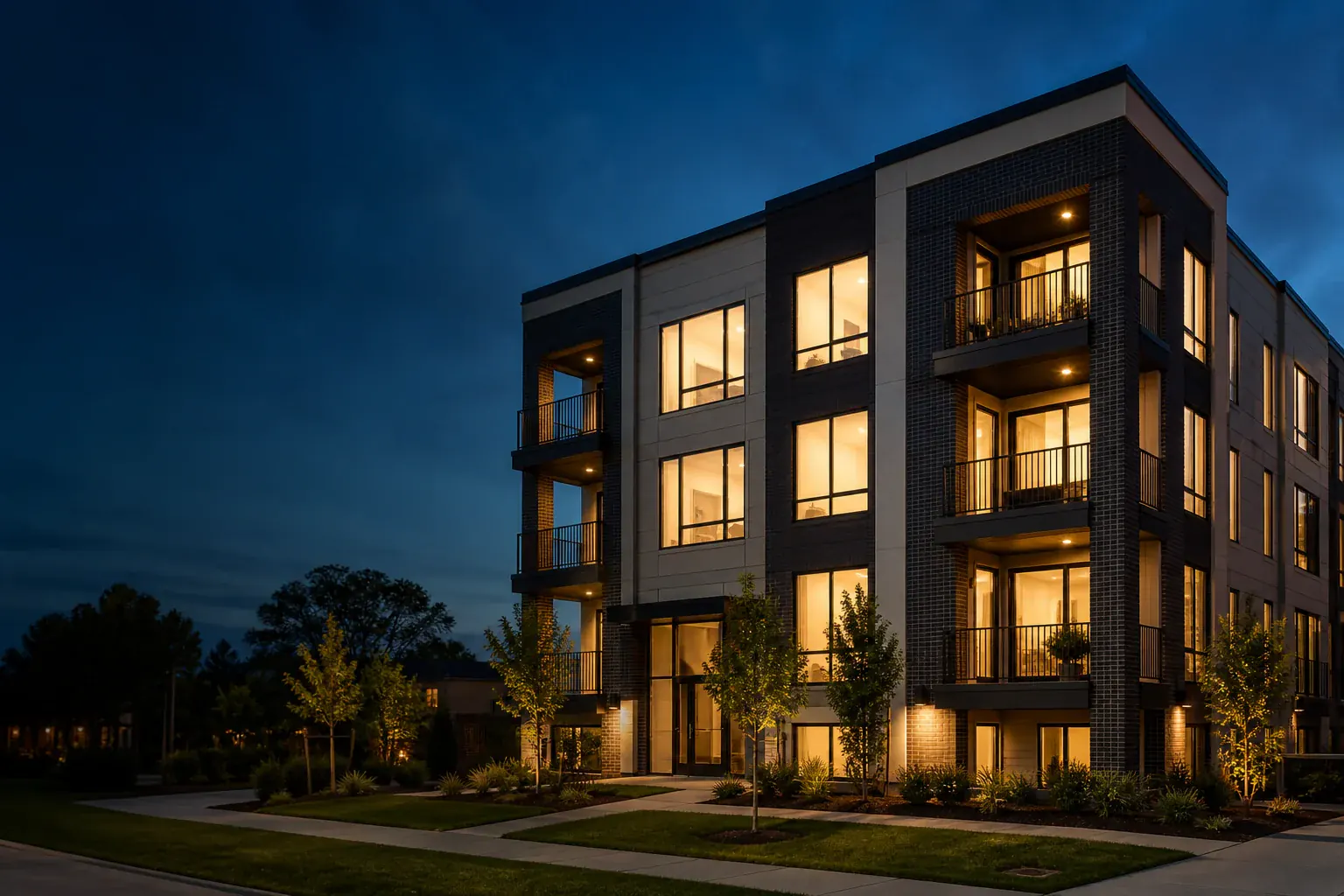 Modern rental property at dusk